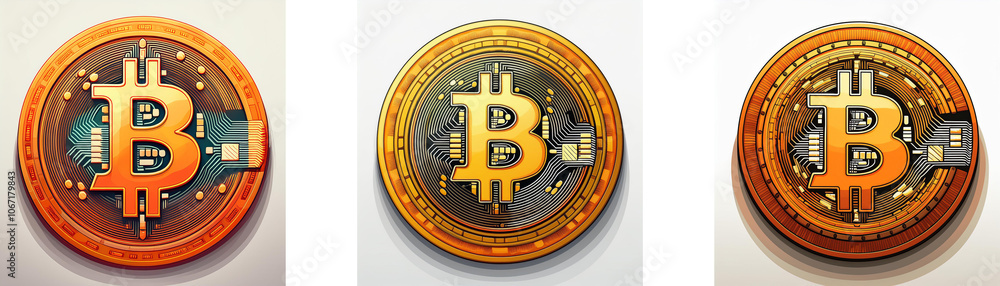 Poster three different variations of a bitcoin logo.