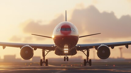 A front view of an airplane landing at sunset, showcasing the aircraft's details against the warm, colorful sky.