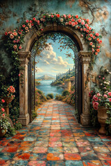 Portail fleuri ouvert sur la mer