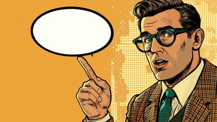 Retro comic-style man in glasses pointing with speech bubble
