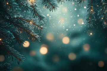 Festliche Weihnachtsdekoration mit goldenen Sternen und Tannenzweigen im funkelnden Bokeh-Hintergrund, erstellt mit grnerativer KI