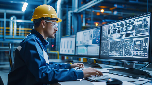 Engineer in hard hat operating SCADA system for engineering tasks