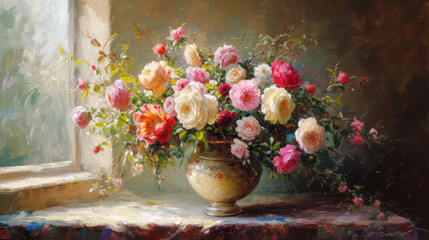 A classical floral arrangement in oil on canvas near a window illuminated by soft light