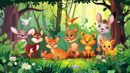 Obraz premium Friendly cartoon animals in a vibrant forest glade, full of life and color