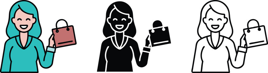 Smiling Woman Holding Shopping Bag Icon Set