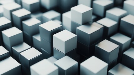 A series of 3D cubes stacked in an abstract pattern, each with a different shade of gray, on a white background.