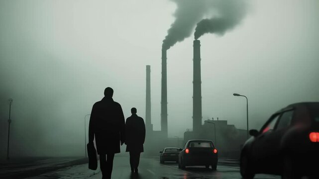 Silhouettes of people walking near industrial chimneys in fog. Environmental awareness concept
