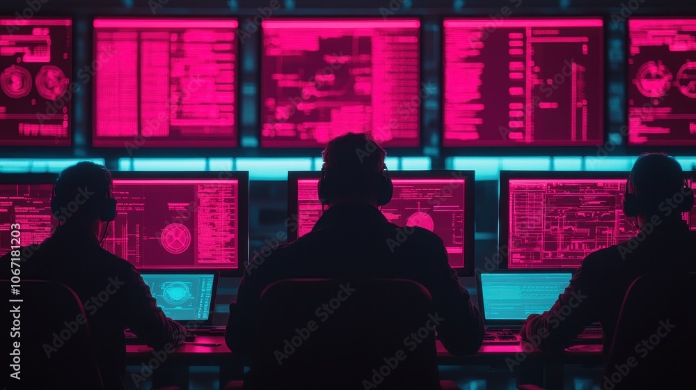 Poster a dark, high-tech command center with three figures seated before glowing screens displaying complex