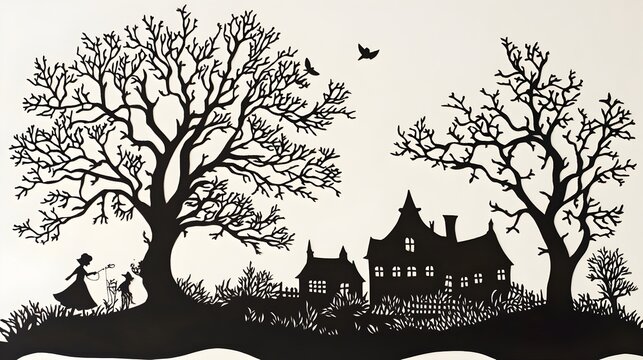 Papercut Silhouettes Adorn a Cozy Cottage Landscape with Whimsical Designs