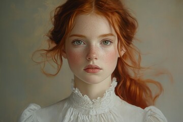Fototapeta premium Oil Painting Portrait of Young Woman with Red Hair Wearing White Blouse.