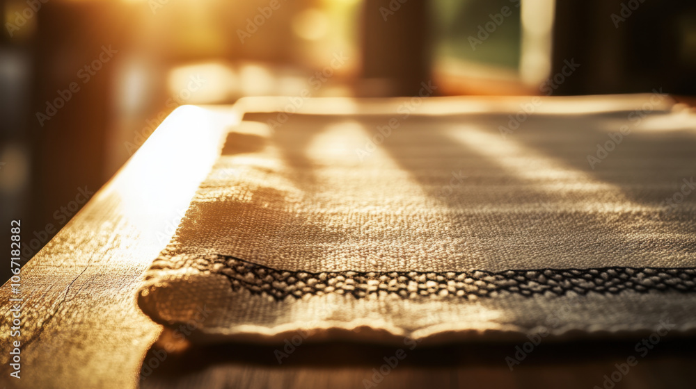 Poster a softly lit table setting featuring a textured cloth, casting gentle shadows from warm sunlight fil
