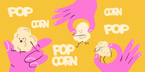 Popcorn retro yellow background. Pink hand drawn hands holding popcorn. Cute funny kawaii pop corn characters. Vector icon set of cinema food. Cinematograph entertainment poster