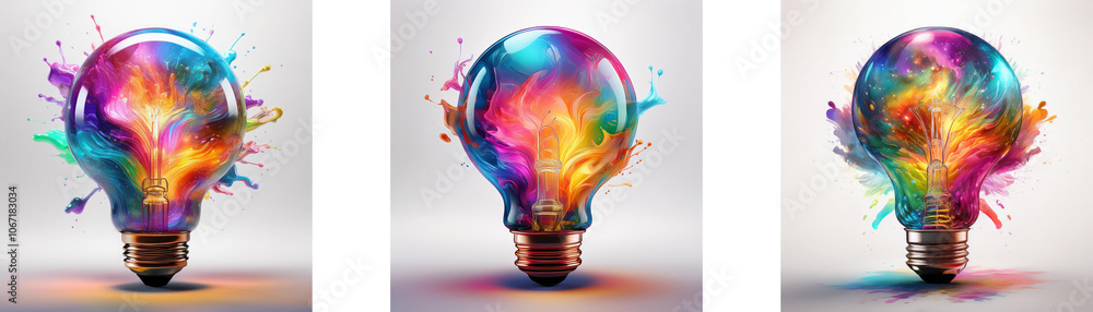 Fototapete three light bulbs with colorful paint splashes exploding from the top.