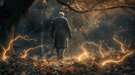 Elderly man walks through enchanted forest with sparks of magic illuminating the path