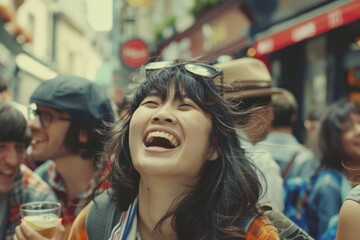 Portrait of a beautiful young asian woman laughing in the city.