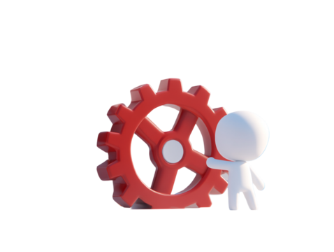 a cartoon character touching a red gear