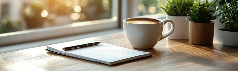 Cup of coffee and a notebook on a table