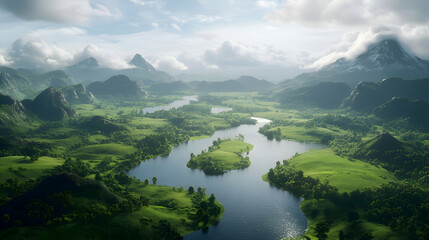 Aerial view of a winding river flowing through a lush valley with snow-capped mountains in the distance.