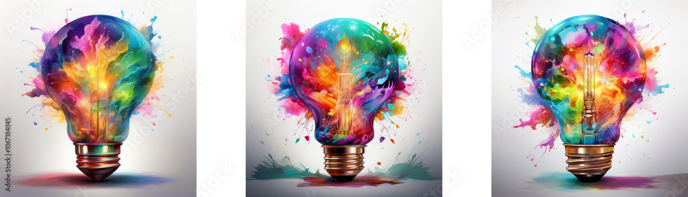 Poster three lightbulbs are exploding with colorful paint splatter.