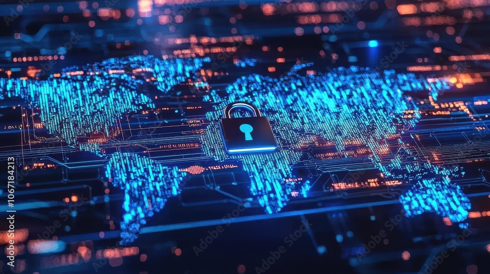 Poster enhancing global cybersecurity with a digital lock overlay on the world map for data protection