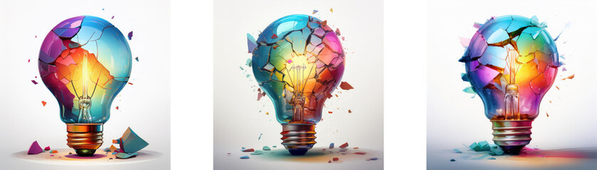 Three light bulbs are broken, each with a different color scheme, symbolizing the idea that breaking free from old ideas can lead to new and creative solutions.