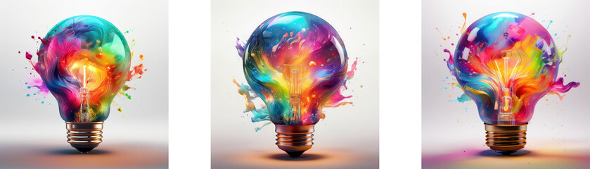 Three light bulbs are shown, each with a different colorful liquid explosion around it.