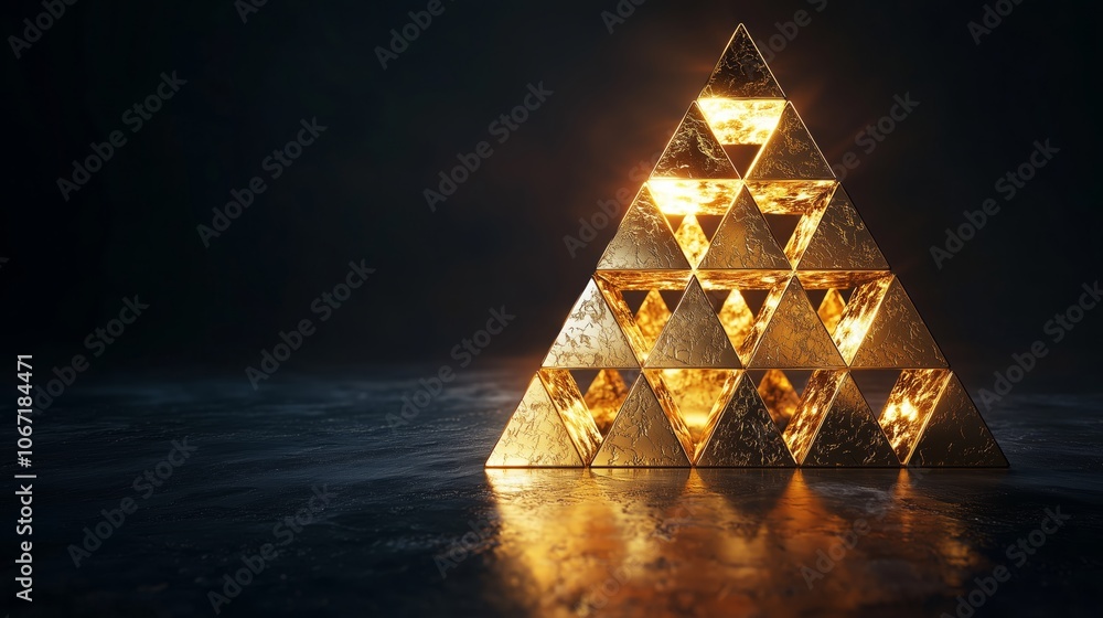 Poster golden interlocking triangles forming a pyramid structure