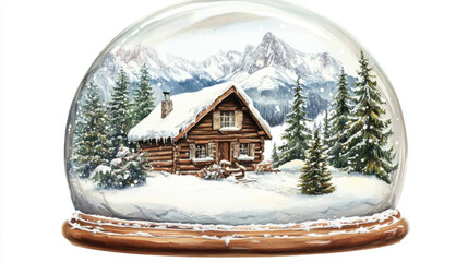 A snow globe featuring a rustic cabin surrounded by pine trees and mountains, encapsulating a serene winter landscape.