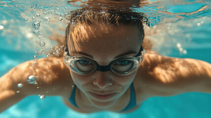 Naklejka premium Female Swimmer in Mid-Stroke Underwater