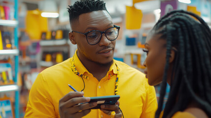Attentive Salesperson Helping Couple in Electronics Store