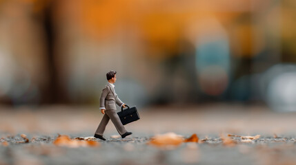 Diorama of male office worker walking to work or commute during autumn