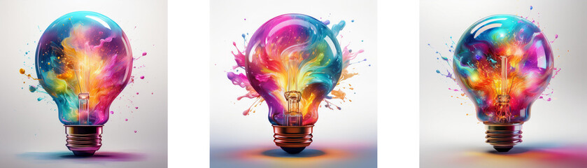Three lightbulbs filled with colorful paint splatters against a white background.