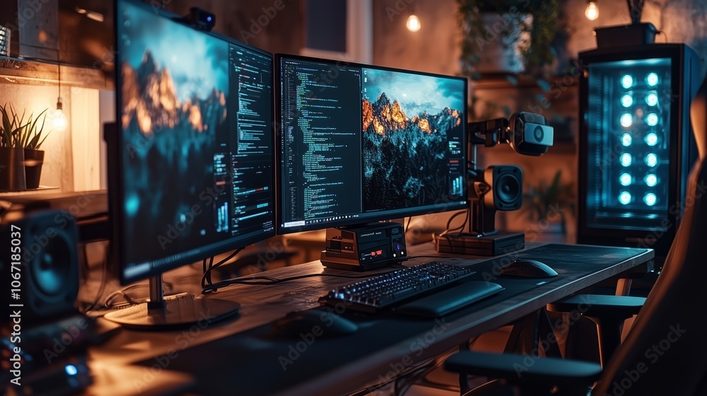 Poster modern high-tech workspace with multiple monitors