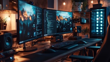 Modern High-Tech Workspace with Multiple Monitors