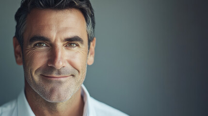 A confident man with a warm smile, wearing a white shirt, is captured against a soft, neutral background, conveying a sense of approachability and positivity.