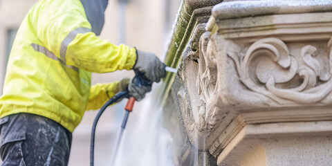 Close-up of Construction worker cleaning a facade of a building using a high pressure water jet. Building cleaning