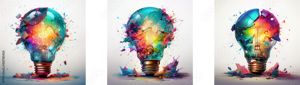 Poster three light bulbs with colorful broken pieces exploding out.