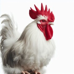 A white rooster with a prominent red comb, set against a white background. Generated with AI.