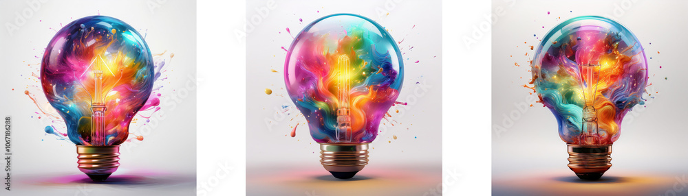 Poster three light bulbs are filled with multicolored paint that is exploding out of the bulb.
