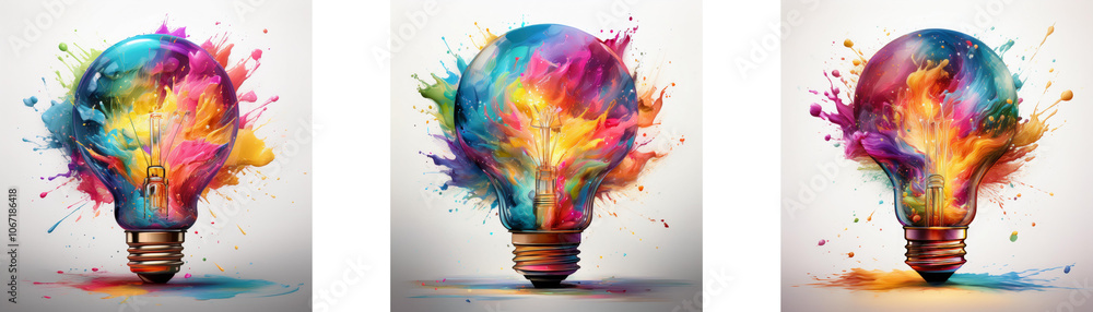 Poster Three light bulbs with colorful paint splatter around them.