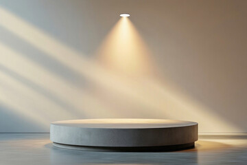 Empty round concrete podium illuminated by spotlight in minimalist room