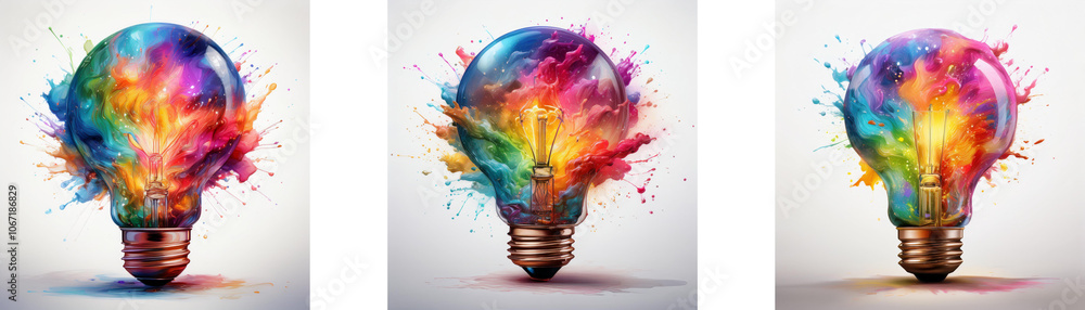 Poster Three lightbulbs burst with colorful paint splatters, representing the power of creativity and new ideas.