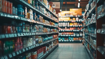 Supermarket aisle with various products on shelves