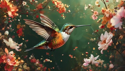 Naklejka premium A vibrant hummingbird soars through a lush garden filled with blooming flowers. The intricate details of the bird's feathers and the delicate petals of the flowers are beautifully captured in this art