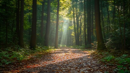Fototapeta premium Sunlight Beams Through Misty Forest Path