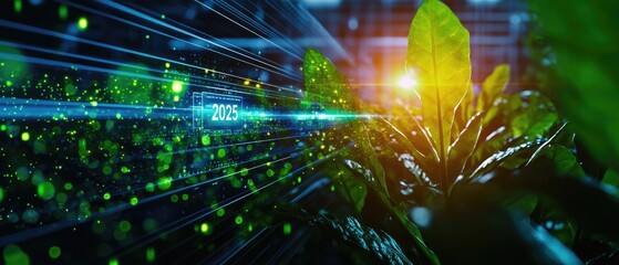 Futuristic energy distribution plant, renewable resources in the word "2025", seamless green tech integration, earth-tone visuals