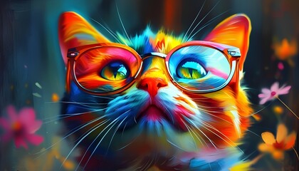 A vibrant and playful portrait of a cat wearing glasses, surrounded by colorful flowers. The cat's expressive eyes and curious gaze draw the viewer in. 