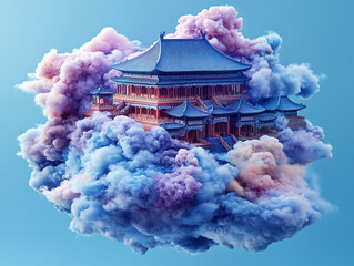 A large, ornate palace with blue roofs and gold accents is floating in a sea of pink and blue clouds.