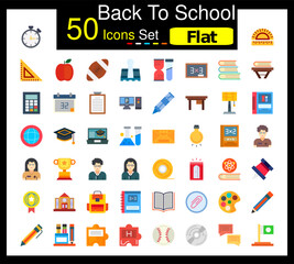 Set of 50 Back to School icons related to Alarm Clock, Protractor, Triangular Ruler, Apple Line Icon collection