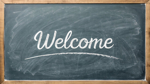 Chalkboard with handwritten welcome message on a wooden frame
